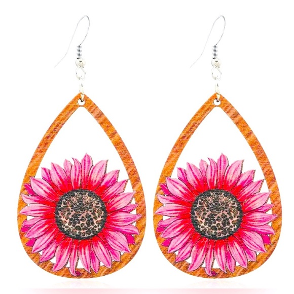 Pink Sunflower Wooden Drop Earrings - Picture 5 of 5
